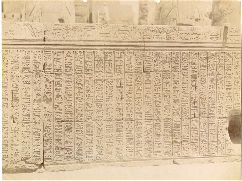 Lo scatto rappresenta un'iscrizione dalle pareti dell'atrio ipostilo esterno del tempio di Sobek e Haroeris a Kom Ombo. La fotografia è attribuibile ad Antonio Beato. 