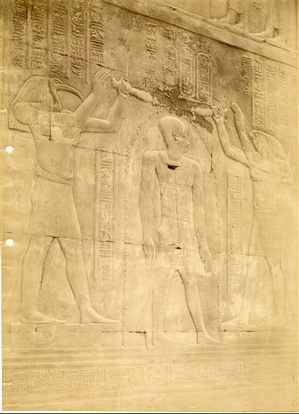 The image depicts a sacred scene from the interior walls of the Temple of Sobek and Haroeris at Kom Ombo. The gods Thoth and Horus purify Pharaoh Ptolemy XII. 