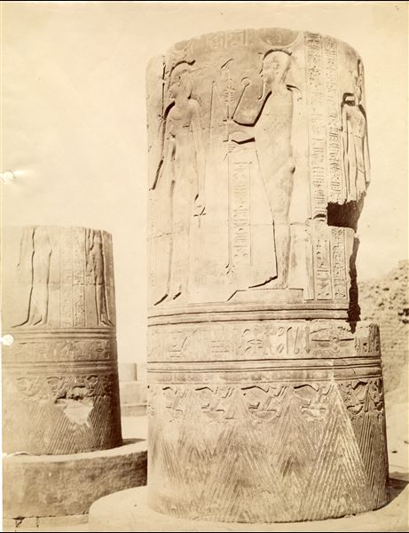 Detail of decoration of what remains of a column in the hypostyle hall from the Temple of Sobek and Haroeris at Kom Ombo. 