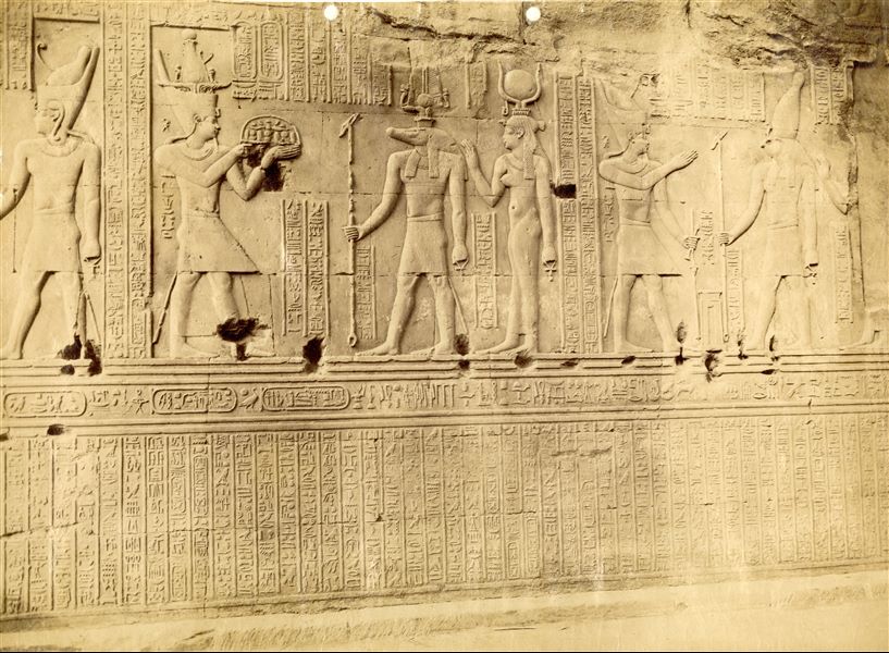 The photograph shows some sacred scenes from the interior walls of the Temple of Sobek and Haroeris at Kom Ombo. 