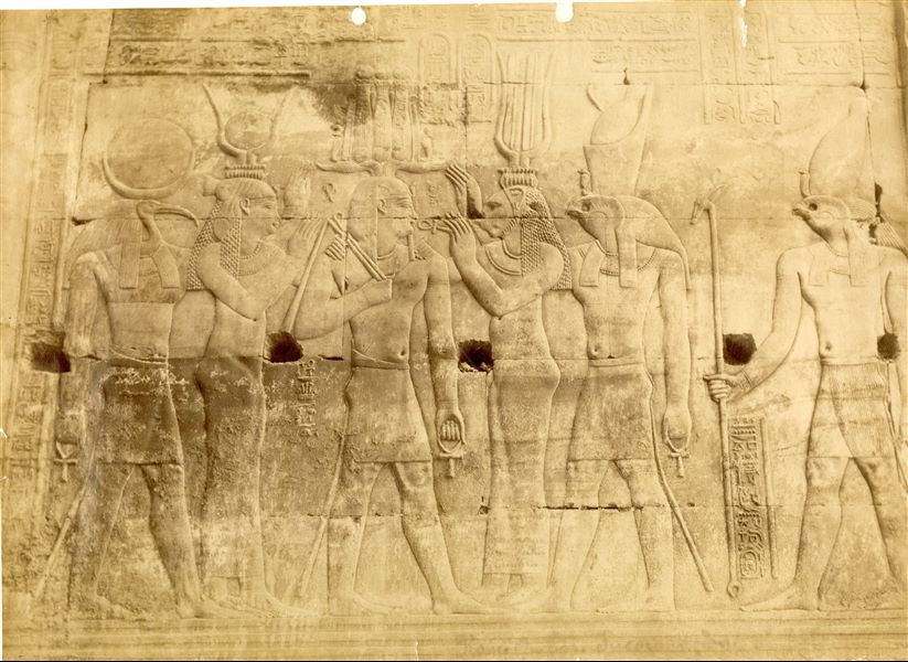 La fotografia presenta una scena sacra dalle pareti interne del tempio di Sobek e Haroeris a Kom Ombo, un bassorilievo posto nell'area consacrata a Horus. Tolomeo XII riceve l'Ankh e la corona dagli dei Thoth, Bastet, Iside al cospetto di Horus e Ra.  