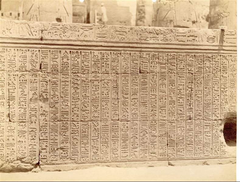 L'immagine mostra una parte dei testi che decorano la parete esterna dell'atrio colonnato (ipostilo) del tempio di Sobek e Haroeris a Kom Ombo.  