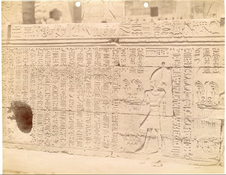 L'immagine mostra una parte dei testi e delle scene che decorano la parete esterna dell'atrio colonnato (ipostilo) del tempio di Sobek e Haroeris a Kom Ombo. 