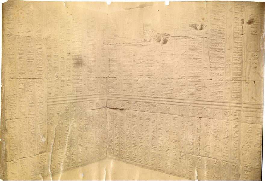 The photograph shows an excerpt from the texts of the so-called “Kom Ombo Calendar”, with subdivisions of the Egyptian year, in the Temple of Sobek and Haroeris. 