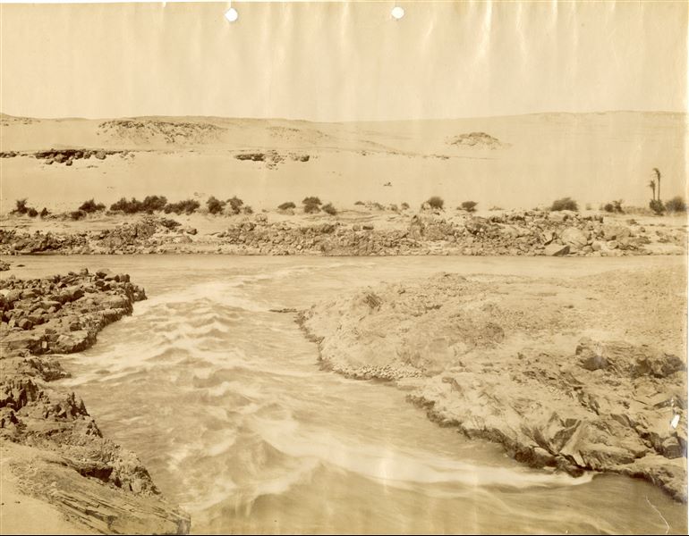 La fotografia mostra le rapide della Prima Cateratta del Nilo all'altezza di Assuan. La firma dell'autore, leggermente sbiadita, è scritta in basso a sinistra.