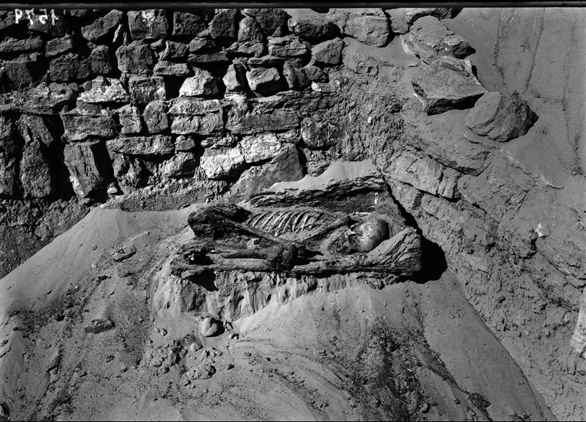 Discovery of a skeleton curled up inside a box, presumably during excavations in Qubbet el-Hawa. Schiaparelli excavations.
