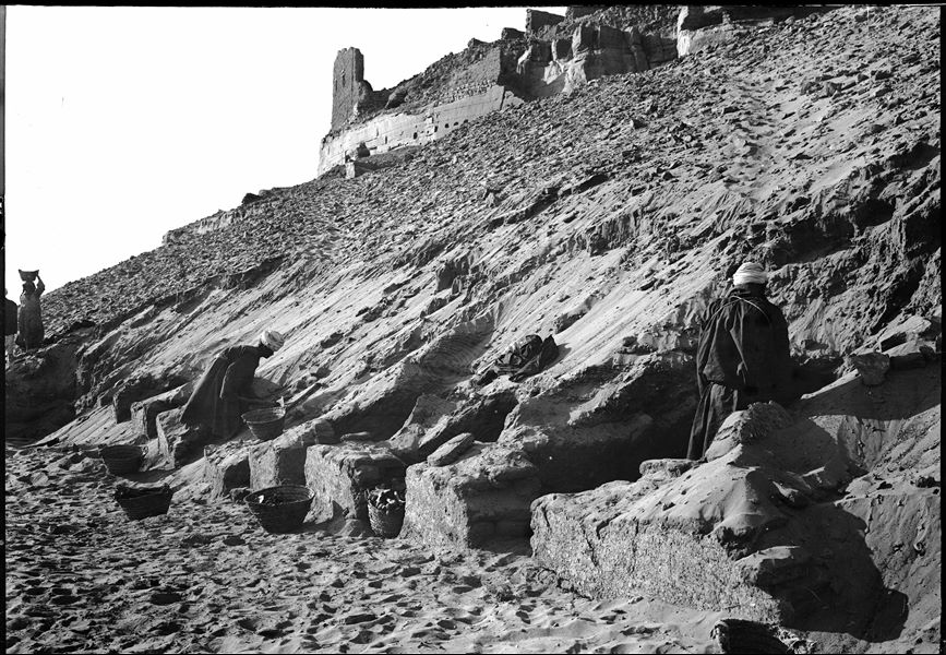 Excavation of a pillar tomb, under the Roman fortress, photographed southward. Schiaparelli excavations.