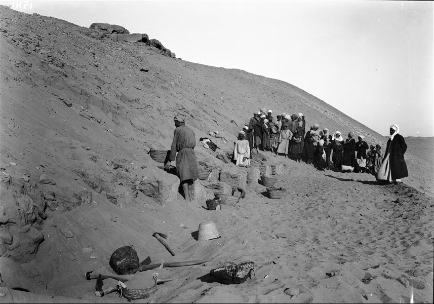 Excavation of a pillar tomb, under the Roman fortress, photographed from another angle; northward. Schiaparelli excavations.