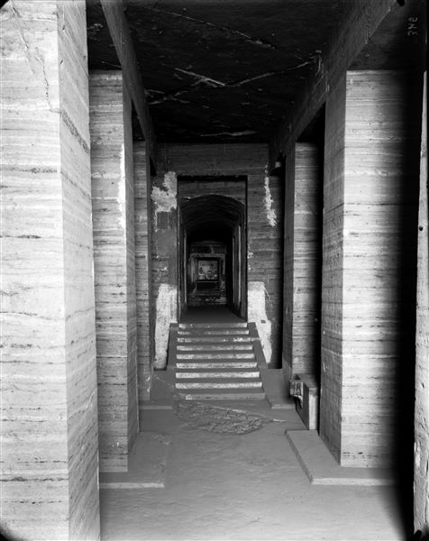 Interior view of the tomb of Sarenput II (QH 31). At the back, wall paintings in the second chamber. Schiaparelli excavations.