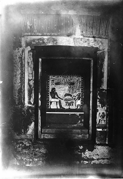 Interior view of the tomb of Sarenput II (QH 31). In particular the painting on the west side (back wall) in the second chamber. Schiaparelli excavations. 