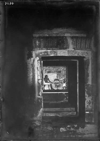 Interior view of the tomb of Sarenput II (QH 31). In particular, the painting on the west side (back wall) in the second chamber. Schiaparelli excavations.