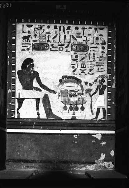 Interior view of the tomb of Sarenput II (QH 31). In particular, the painting on the west side (back wall) in the second chamber. Schiaparelli excavations. 