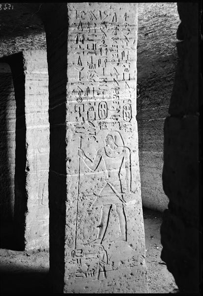 View of pillar III, south side, inside the tomb of Herkhuf (QH 34n). Schiaparelli excavations.