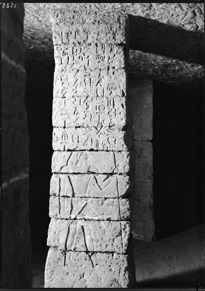 View of pillar II, north side, inside the tomb of Herkhuf (QH 34n). Schiaparelli excavations.