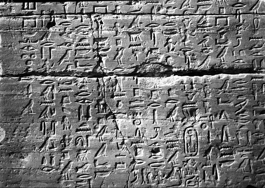 Right wall of the facade of the tomb of Herkhuf (QH 34n). The text is a letter from the young Pharaoh Pepi II, in which Herkhuf is honored for his expedition, from where he brought back a pygmy. Schiaparelli excavations.