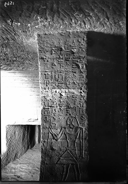 View of pillar III, east side, inside the tomb of Herkhuf (QH 34n). Schiaparelli excavations.