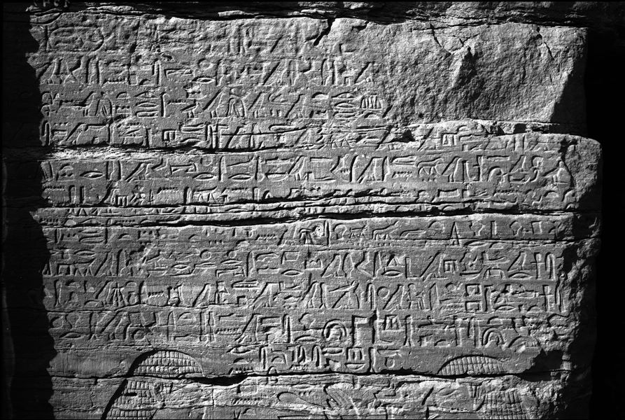 Detail of the left wall of the facade from the tomb of Herkhuf (QH 34n). In the text, Herkhuf recounts his third expedition to the south. Schiaparelli excavations.