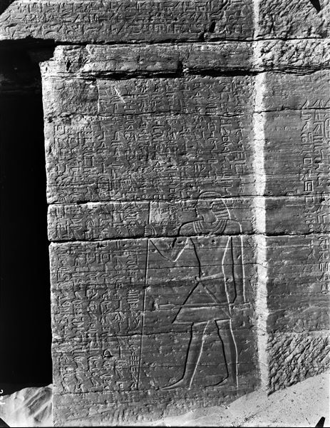 Right wall of the facade of the tomb of Herkhuf (QH 34n). In the text, Herkhuf recounts his three expeditions to the south. Schiaparelli excavations.