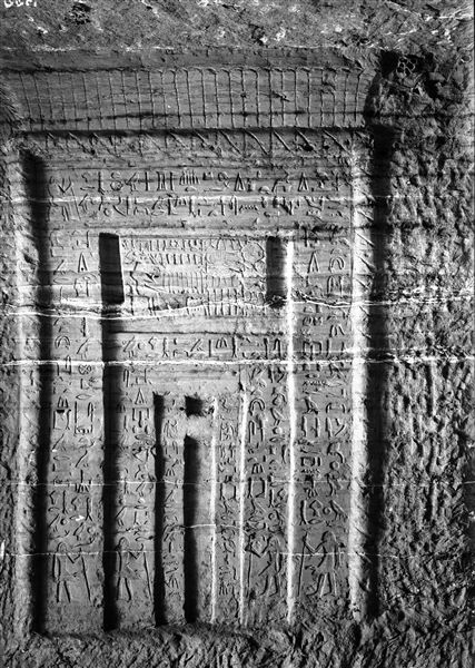 View of the second false-door, in honor of Herkhuf, inside the tomb of Herkhuf (QH 34n). Schiaparelli excavations.
