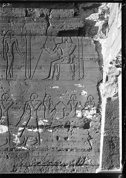 View of part of the facade wall, north (right) of the tomb entrance of Sarenput I (QH 36). Schiaparelli excavations.