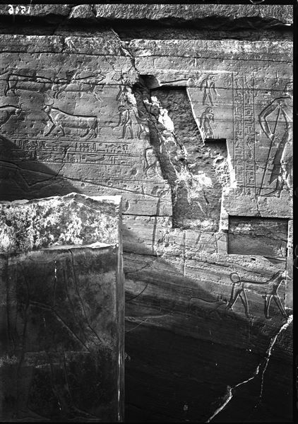 View of part of the facade wall, south (left) of the tomb entrance of Sarenput I (QH 36). Schiaparelli excavations.