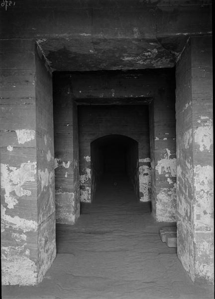 View of the chamber with pillars in the tomb of Sarenput I (QH 36). On the right, the presence of an offering table can be seen. Schiaparelli excavations.
