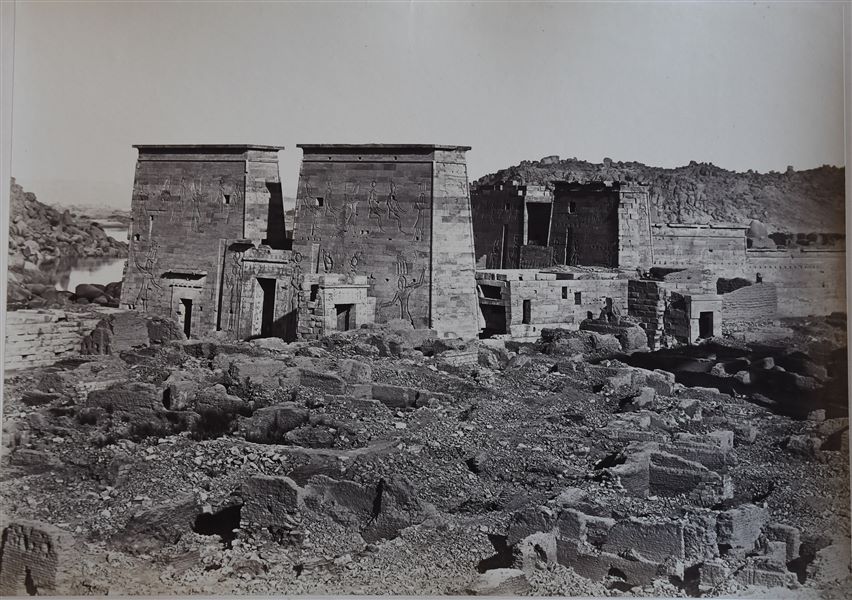 View of the Temple of Isis on the island of Philae. Note the presence of numerous  mud-brick constructions from later periods, which were not “saved” when the temple was moved to the Agilkia island. The author's signature has been placed (faintly visible) at the bottom right.  