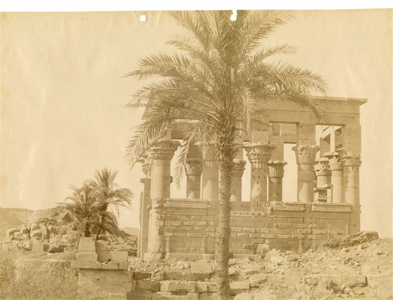 Side view (northern side) of the Kiosk of Emperor Trajan, erected near the temple complex of Isis on the island of Philae. The author's signature has almost disappeared, but can be faintly seen at the bottom right, written in white on a light background. 