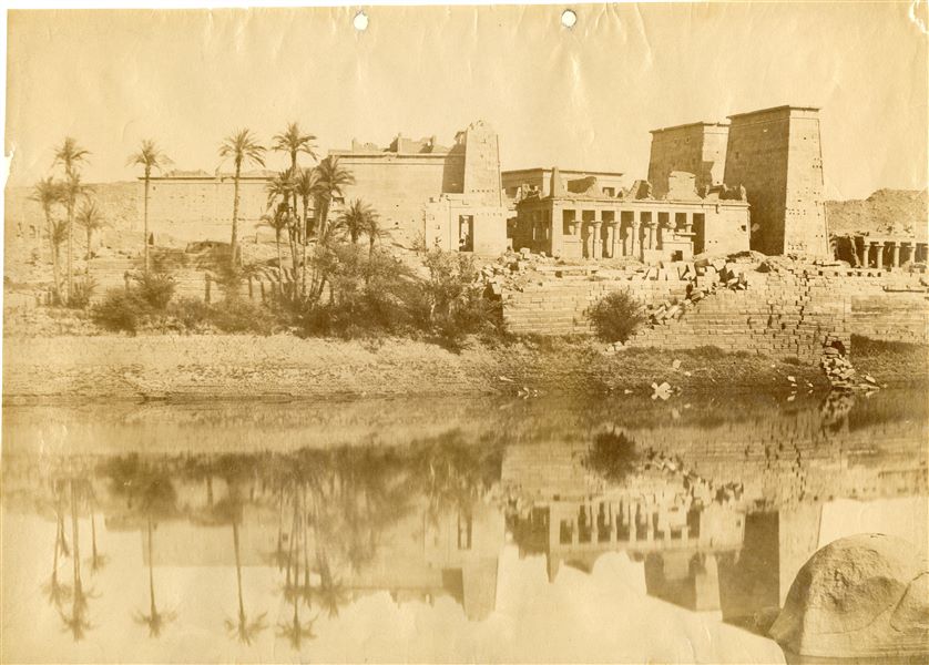 View of the western shoreline of the island of Philae, with the various structural elements of the temple complex dedicated to the goddess Isis.  