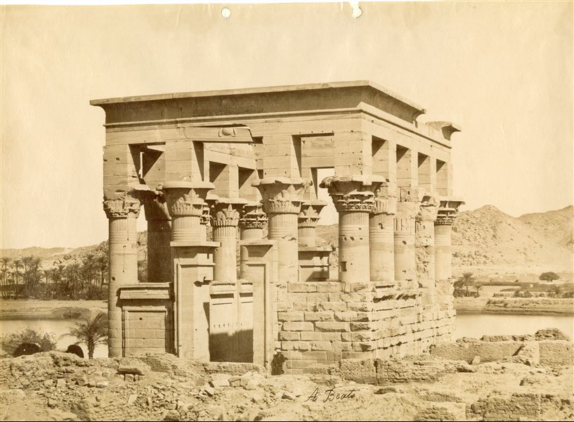 View of Emperor Trajan's Kiosk, erected near the temple complex of Isis on the island of Philae. The author's signature can be seen at the bottom. 