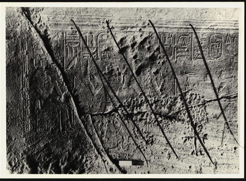 Photograph of an interior section from the rock-cut chapel of Ellesiya, shortly before it was moved. Photograph taken in the mid-1960s. Right wall of the chamber. From the left: the god Thoth seated, Tuthmosis III, Horus of Miam and Tuthmosis III depicted again.