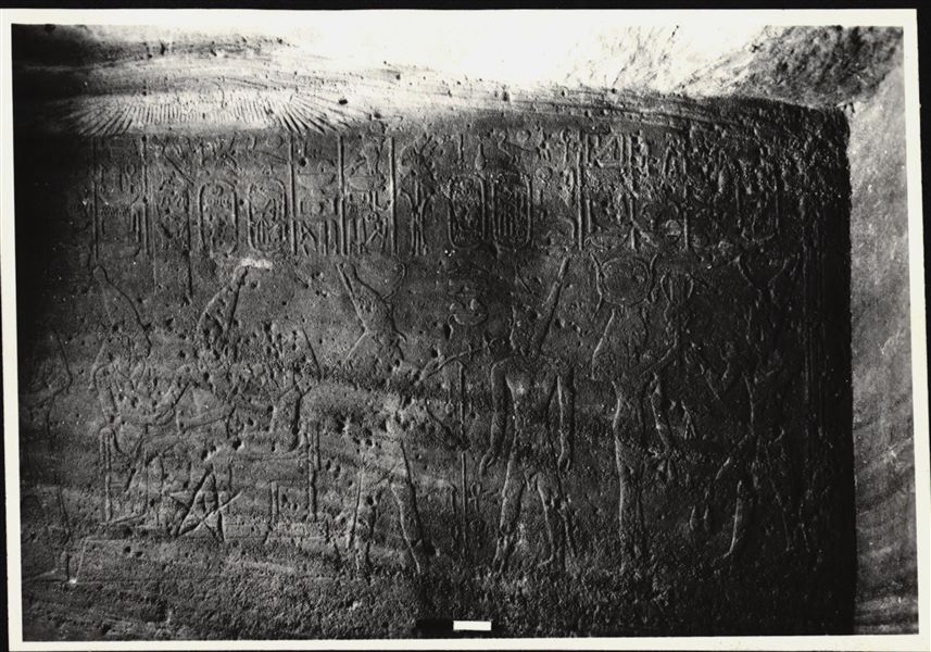 Photograph of a wall from the rock-cut chapel of Ellesiya in its original location in Nubia, shortly before the Nile waters would begin to rise due to the construction of the Aswan Dam, which would flood the area. Photograph taken in the mid-1960s, shortly before the rock-cut chapel was moved.