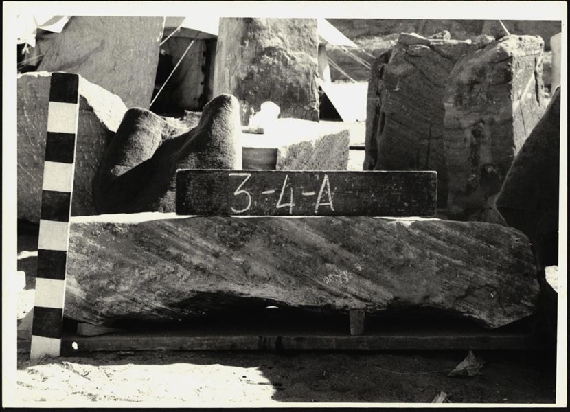 Storage at Wadi es-Sebua, one of the 66 blocks from the rock-cut chapel of Ellesiya stored waiting to be transported to Turin, after the United Arab Republic decided to gift the rock-cut chapel to the Italian Republic. 