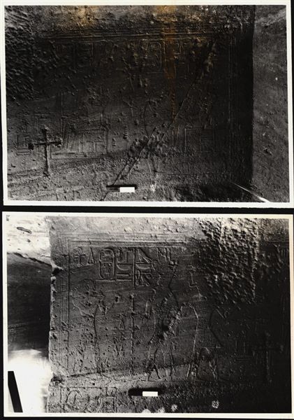 Two photographs of two interior walls from the rock-cut chapel of Ellesiya in its original location in Nubia, shortly before the Nile waters would begin to rise due to the construction of the Aswan Dam, which would flood the area. Photograph taken in the mid-1960s, shortly before the rock-cut chapel was moved.