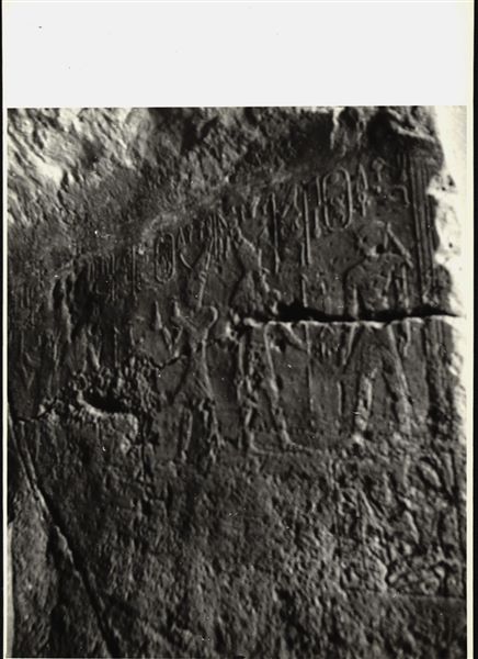 Photograph of an interior section from the rock-cut chapel of Ellesiya, shortly before it was moved. Photograph taken in the mid-1960s.