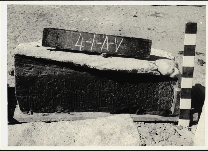 Storage at Wadi es-Sebua, one of the 66 blocks from the rock-cut chapel of Ellesiya stored waiting to be transported to Turin, after the United Arab Republic decided to gift the rock-cut chapel to the Italian Republic. Upper register with inscriptions, from the right wall of the transverse hall.