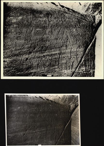 Photograph of a wall from the rock-cut chapel of Ellesiya in its original location in Nubia, shortly before the Nile waters would begin to rise due to the construction of the Aswan Dam, which would flood the area. Photograph taken in the mid-1960s, shortly before the rock-cut chapel was moved.