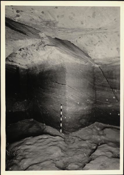 Photograph of an interior wall from the rock-cut chapel of Ellesiya in its original location in Nubia, shortly before the Nile waters would begin to rise due to the construction of the Aswan Dam, which would flood the area. Photograph taken in the mid-1960s, shortly before the rock-cut chapel was moved. Note the original floor, which was not saved.