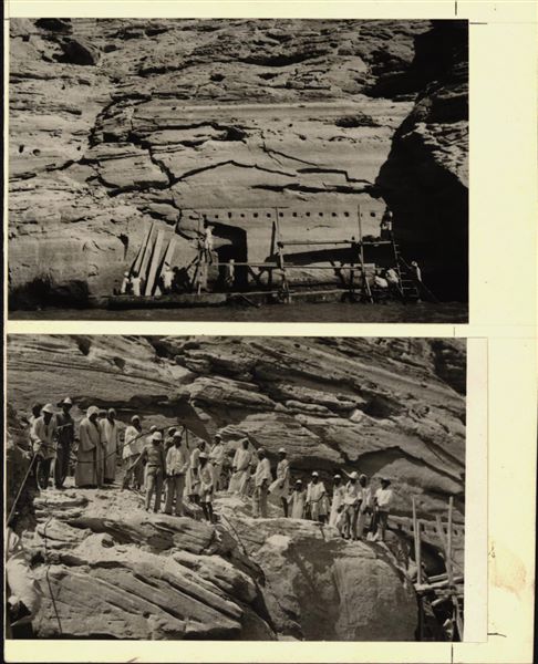 Two photographs taken during the rescue campaign of the rock-cut rock-cut chapel of Ellesiya, when Lake Nasser was filling up. Particularly visible are the scaffolding set up during the removal of the rock-cut chapel, and the workers employed. The water level was already rising, and in this shot, it is has already reached the entrance to the rock-cut chapel. 