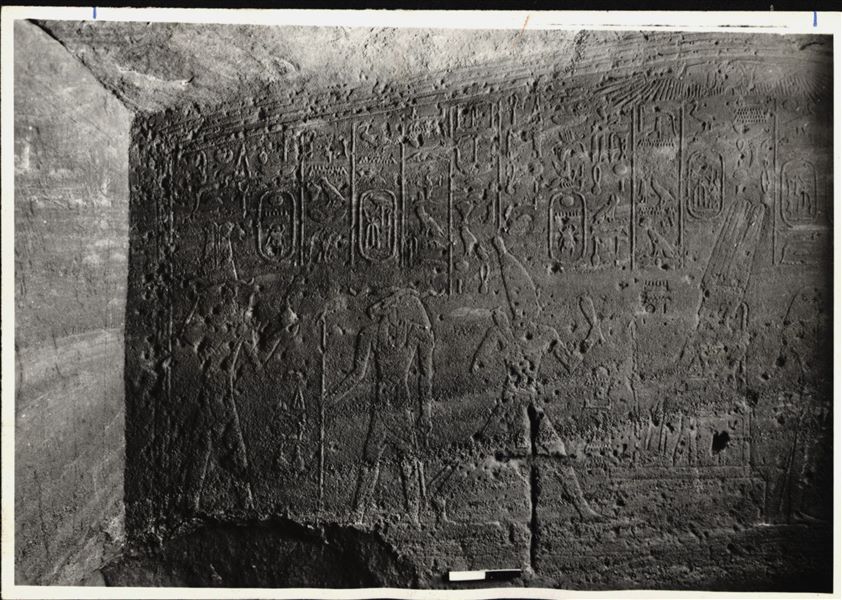 Photograph of a wall decoration from the rock-cut chapel of Ellesiya in its original location in Nubia, shortly before the Nile waters would begin to rise due to the construction of the Aswan Dam, which would flood the area. Photograph taken in the mid-1960s, shortly before the rock-cut chapel was moved.