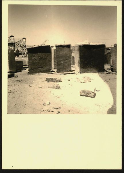 Storage at Wadi es-Sebua, where the rock-cut chapel of Ellesiya blocks were kept for a short time. The rock-cut chapel was cut into 66 pieces (in the image, 3 blocks are visible) and saved from the rising Lake Nasser, which would soon flood the area. 