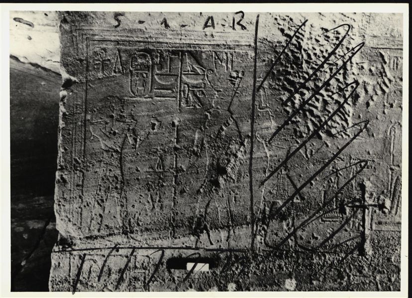 Photograph of an interior section from the rock-cut chapel of Ellesiya, shortly before it was moved. Photograph taken in the mid-1960s. Left wall of the chamber, with the depictions of Tuthmosis III and Horus of Miam. 