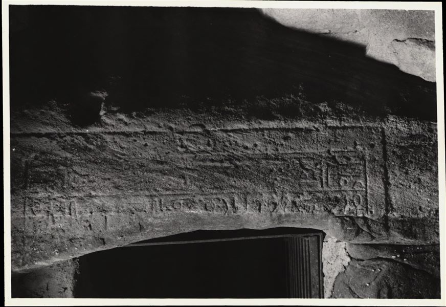 Photograph of a wall from the rock-cut chapel of Ellesiya in its original location in Nubia, shortly before the Nile waters would begin to rise due to the construction of the Aswan Dam, which would flood the area. Photograph taken in the mid-1960s, shortly before the rock-cut chapel was moved.