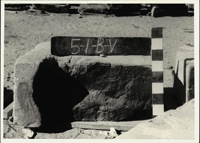 Storage at Wadi es-Sebua, one of the 66 blocks from the rock-cut chapel of Ellesiya stored waiting to be transported to Turin, after the United Arab Republic decided to gift the rock-cut chapel to the Italian Republic.  