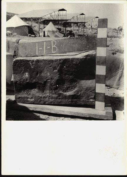 Storage at Wadi es-Sebua, one of the 66 blocks from the rock-cut chapel of Ellesiya stored waiting to be transported to Turin, after the United Arab Republic decided to gift the rock-cut chapel to the Italian Republic. 