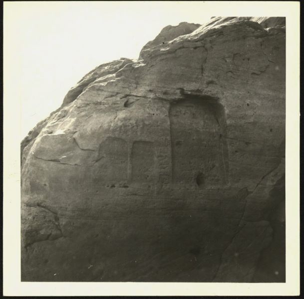 Detail of two stelae carved into the left side façade of the rock-cut rock-cut chapel of Ellesiya. Photograph taken during the rising of Lake Nasser, which would have submerged this area. 