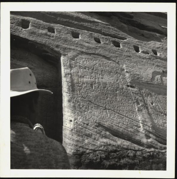Photograph of a stela carved into the façade of the rock-cut rock-cut chapel of Ellesiya. Photograph taken during the rising of Lake Nasser, which would have submerged this area.