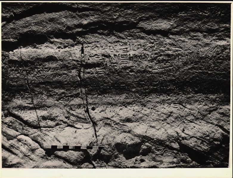 Photograph of a wall with inscriptions in hieroglyphs, from the rock-cut chapel of Ellesiya, shortly before it was moved. Photograph taken in the mid-1960s. 