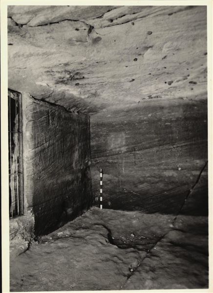 Photograph of an interior wall from the rock-cut chapel of Ellesiya in its original location in Nubia, shortly before the Nile waters would begin to rise due to the construction of the Aswan Dam, which would flood the area. Photograph taken in the mid-1960s, shortly before the rock-cut chapel was moved. Note the original floor, which was not saved.