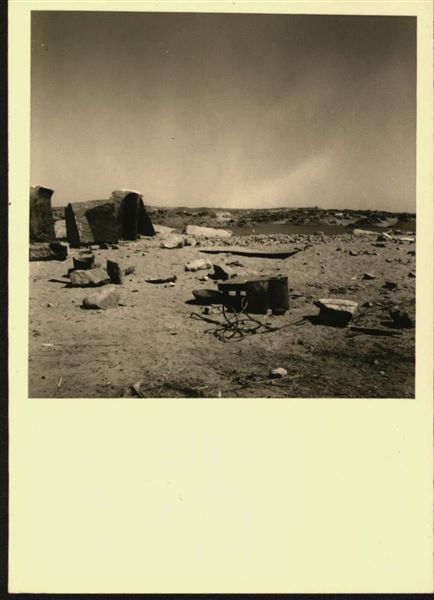 Storage at Wadi es-Sebua, where the rock-cut chapel of Ellesiya blocks were kept for a short time. The rock-cut chapel was cut into 66 pieces and saved from the rising Lake Nasser, which would soon flood the area.